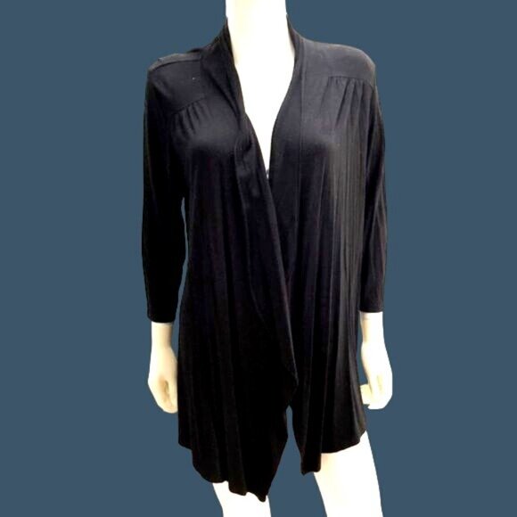INVESTMENTS- WOMENS BLACK 3/4 SLEEVES CASCADE OPEN FRONT CARDIGAN SIZE MEDIUM - Picture 1 of 3